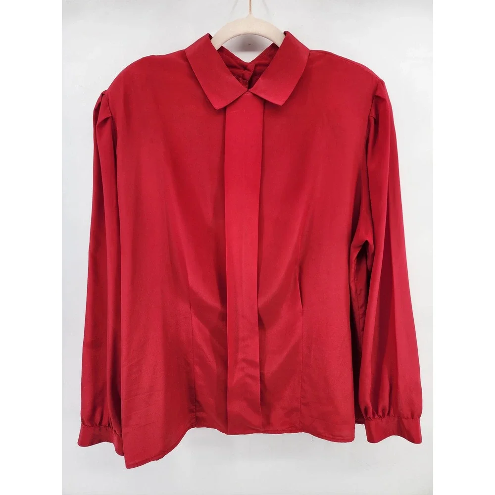 Impressions of California Red Satin Long Sleeve Button Front Blouse Top 6